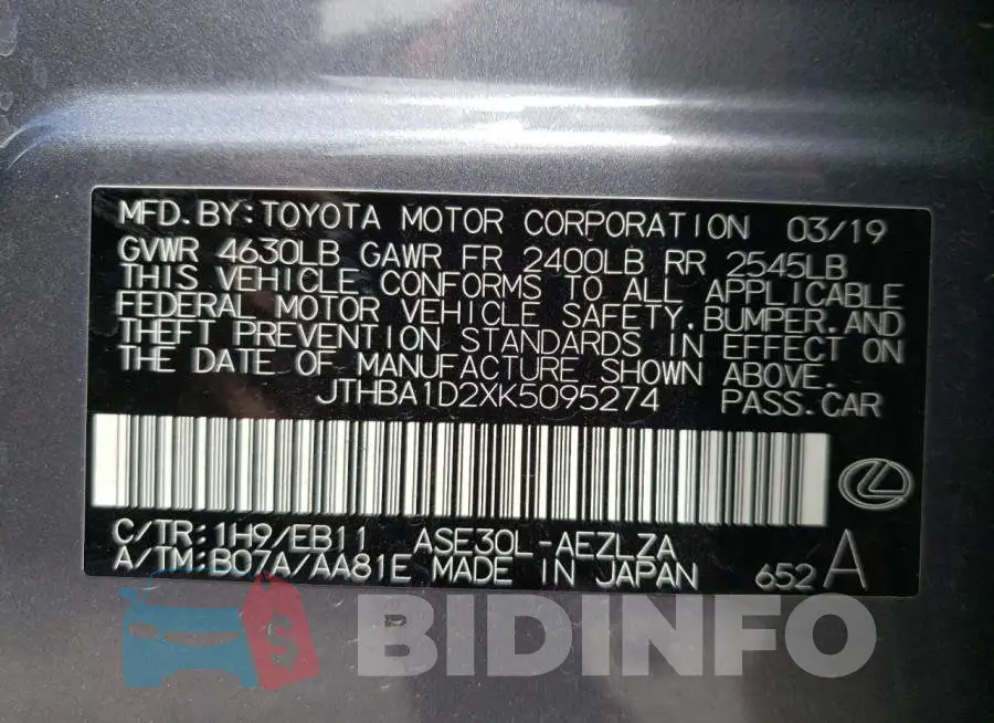 JTHBA1D2XK5095274 Photo# 10