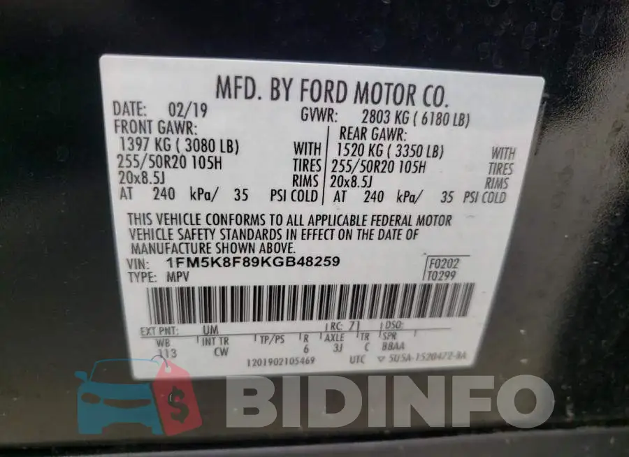 1FM5K8F89KGB48259 Photo# 10