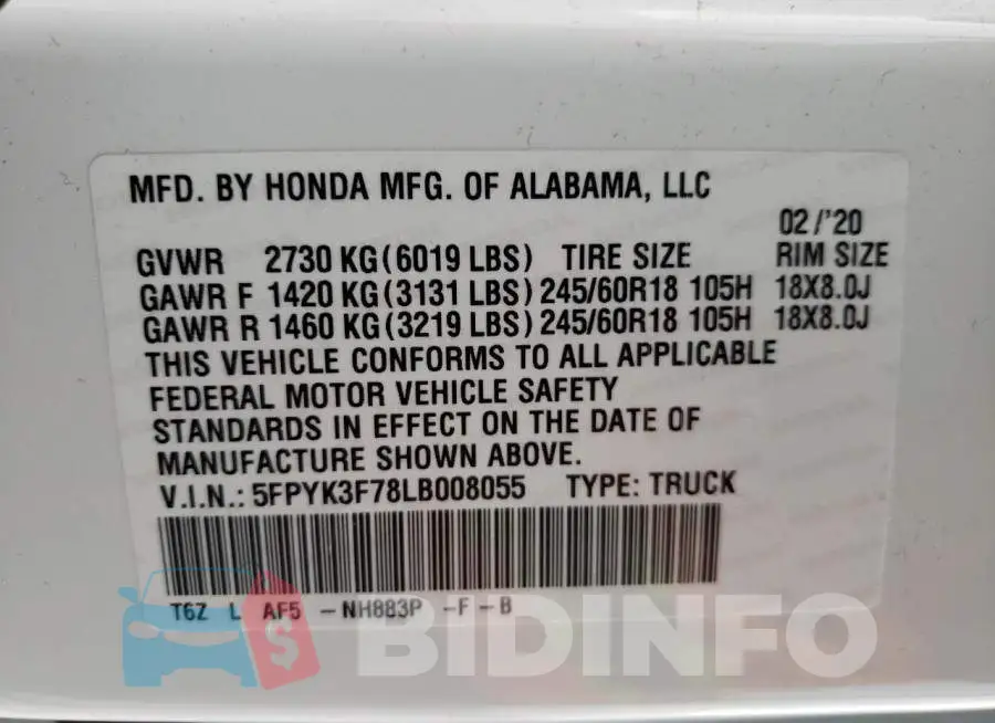 5FPYK3F78LB008055 Photo# 10