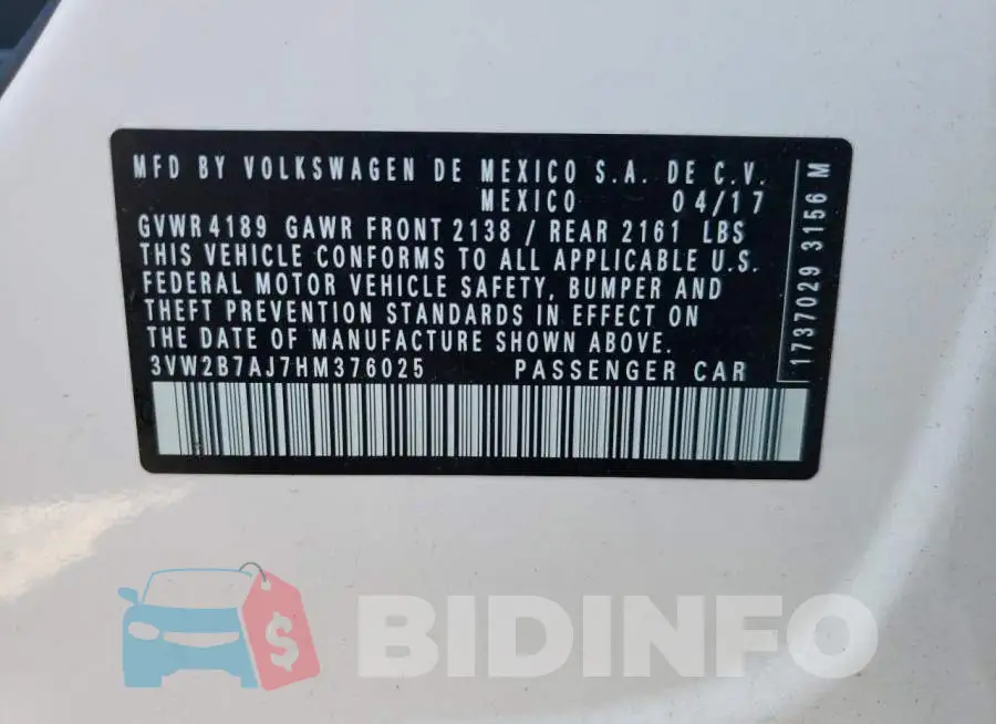 3VW2B7AJ7HM376025 Photo# 10