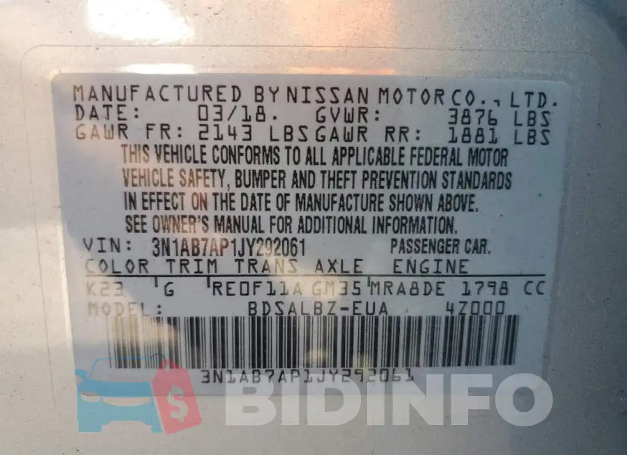 3N1AB7AP1JY292061 Photo# 10