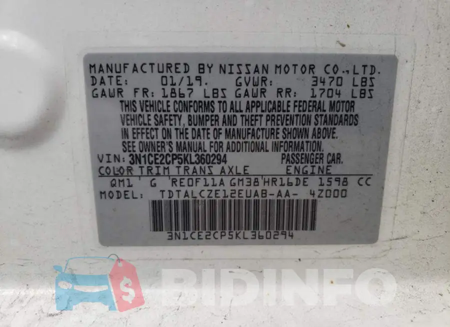 3N1CE2CP5KL360294 Photo# 10