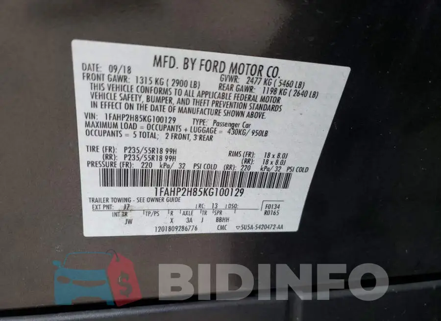 1FAHP2H85KG100129 Photo# 10
