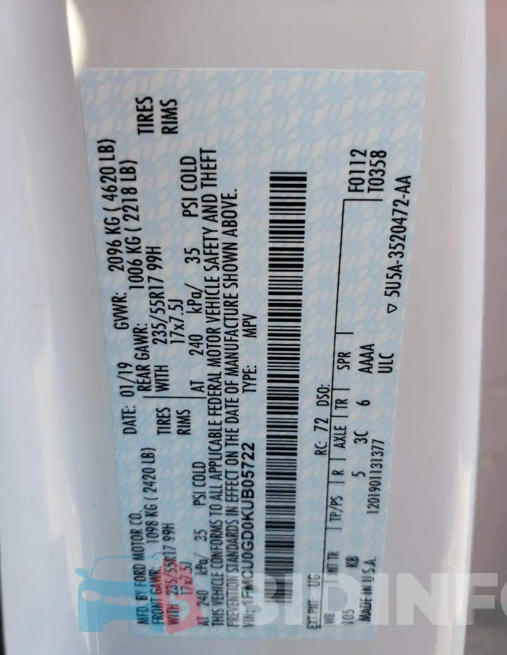 1FMCU0GD0KUB05722 Photo# 10