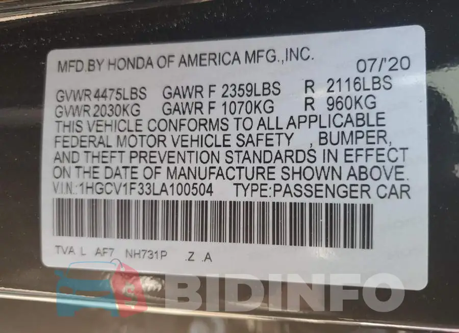 1HGCV1F33LA100504 Photo# 10
