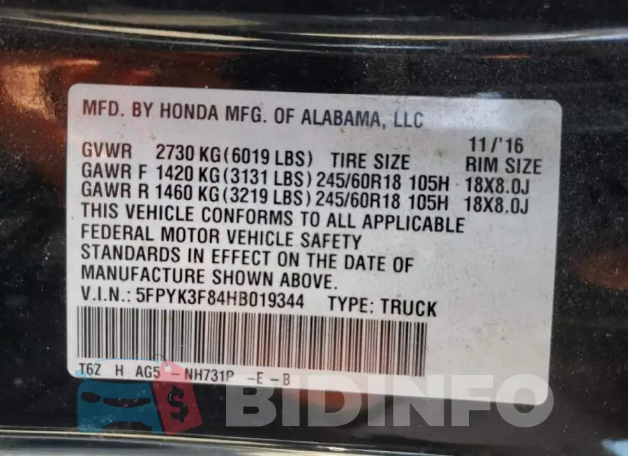 5FPYK3F84HB019344 Photo# 10