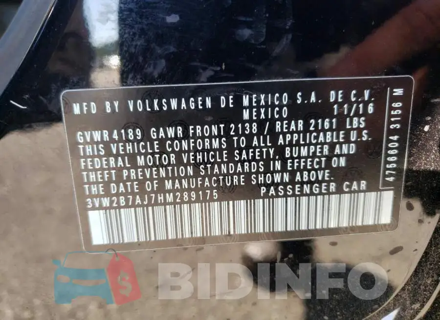 3VW2B7AJ7HM289175 Photo# 10