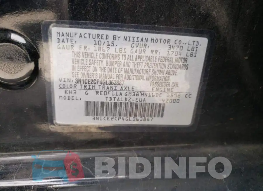 3N1CE2CP4GL363887 Photo# 10