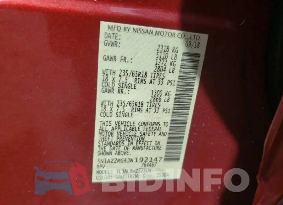 5N1AZ2MG4JN192147 Photo# 10