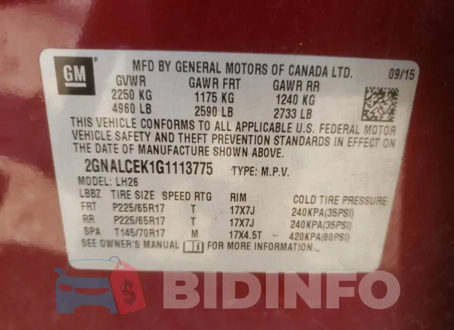 2GNALCEK1G1113775 Photo# 10