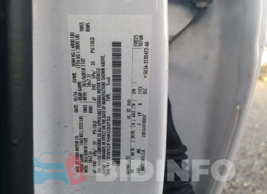 1FTEW1CF1HKC03733 Photo# 10