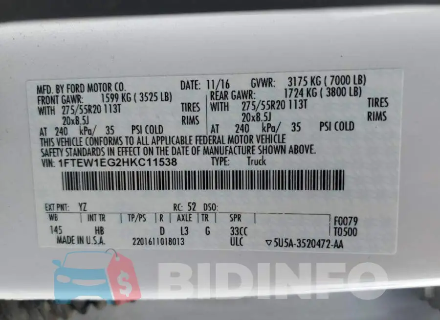 1FTEW1EG2HKC11538 Photo# 10