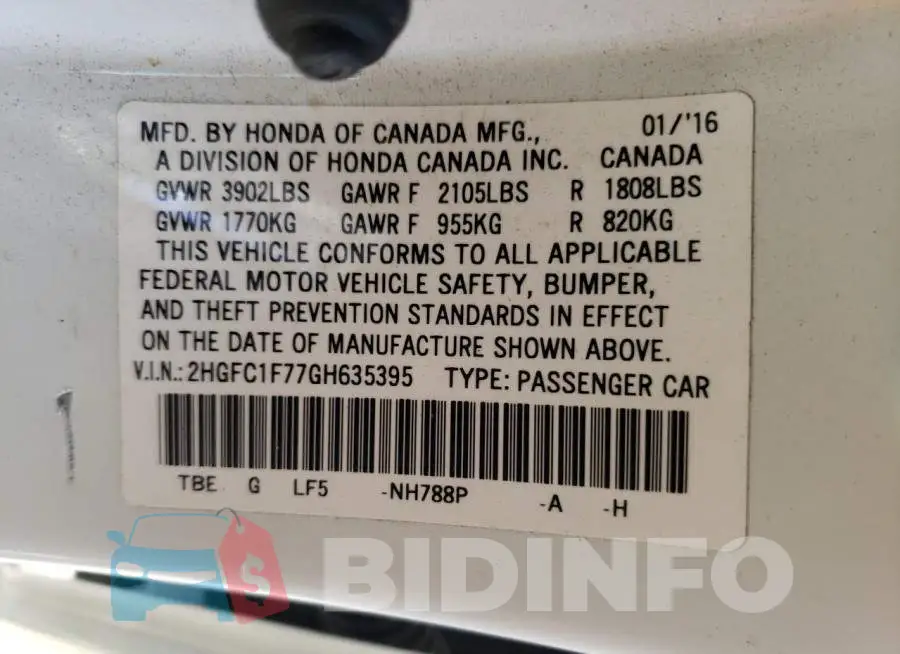 2HGFC1F77GH635395 Photo# 10