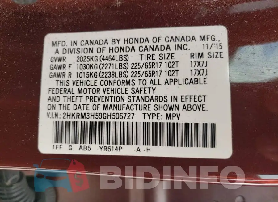 2HKRM3H59GH506727 Photo# 10