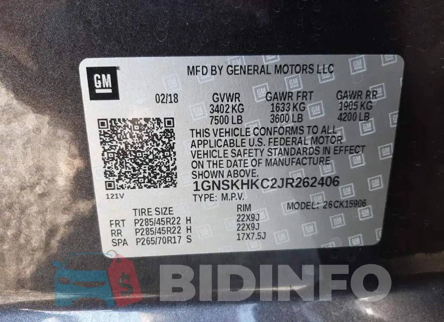 1GNSKHKC2JR262406 Photo# 10