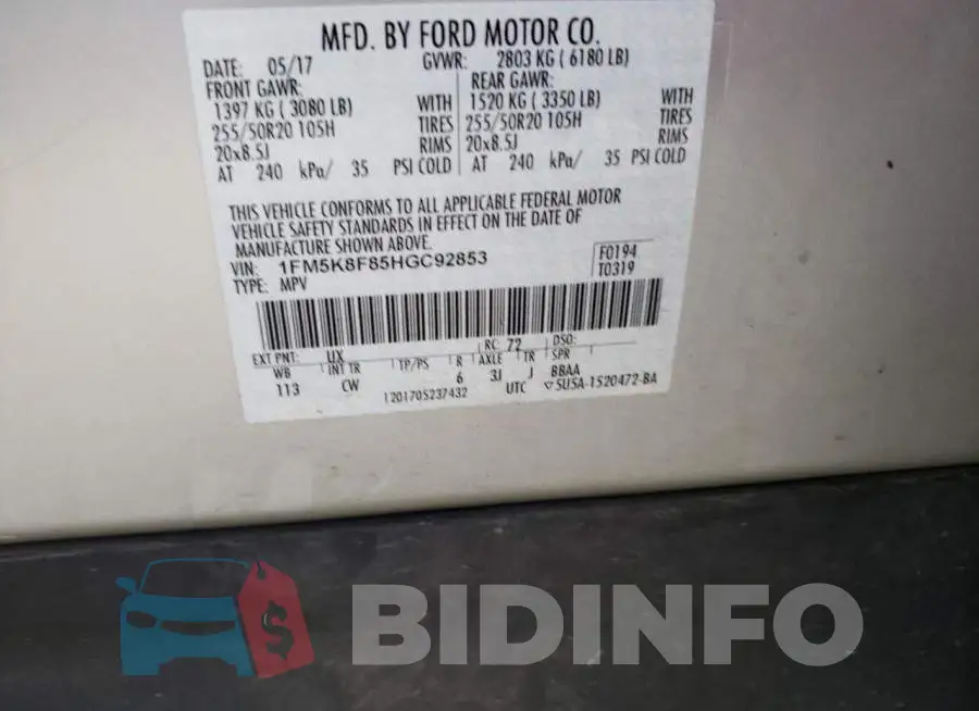 1FM5K8F85HGC92853 Photo# 10