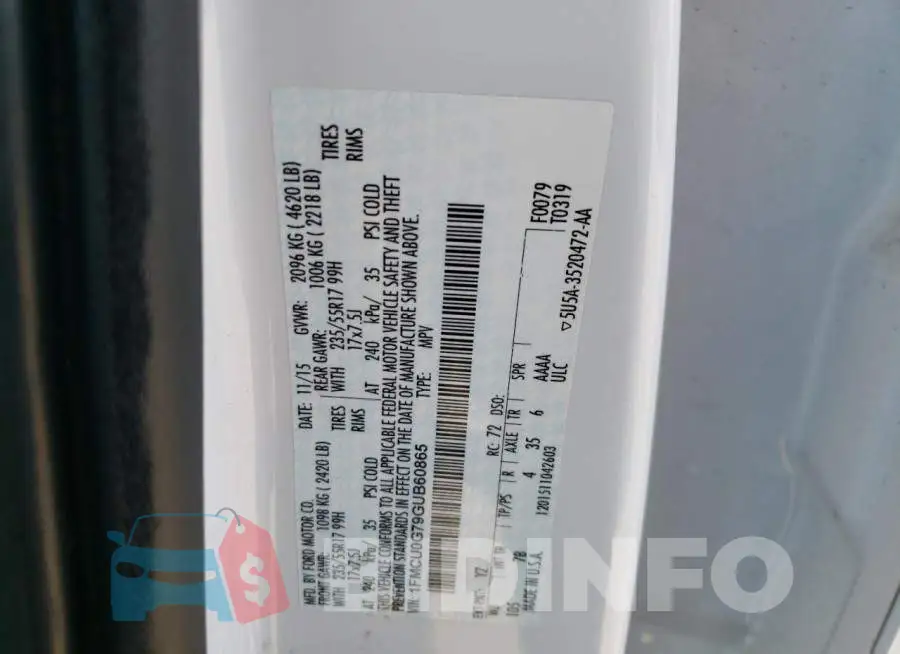 1FMCU0G79GUB60865 Photo# 10
