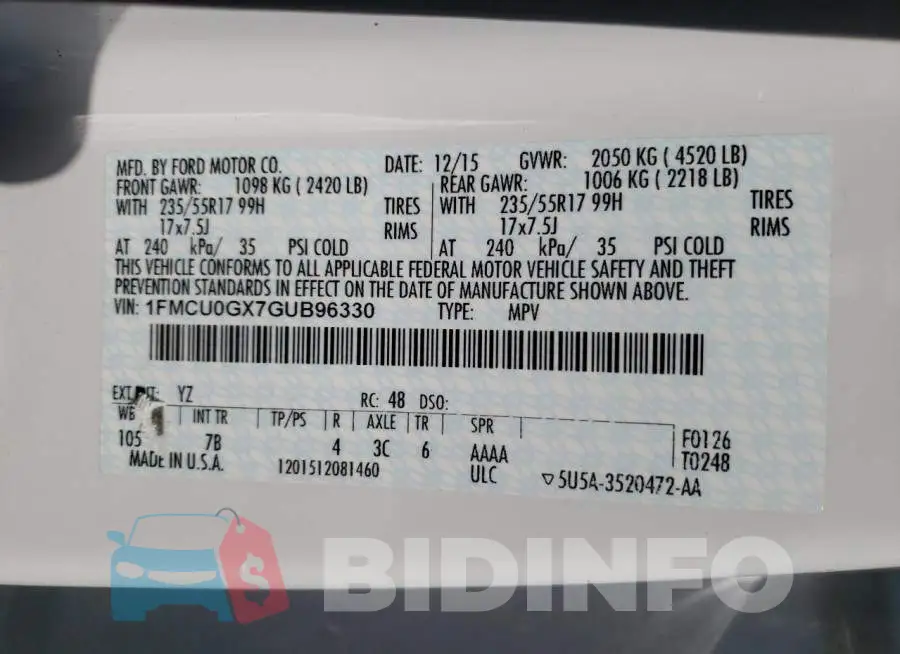 1FMCU0GX7GUB96330 Photo# 10