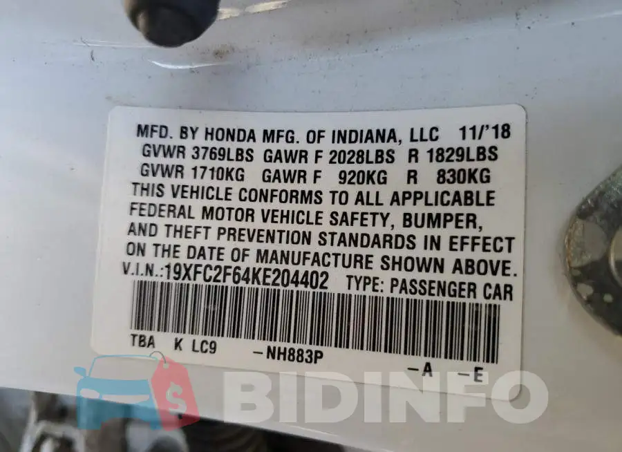 19XFC2F64KE204402 Photo# 10
