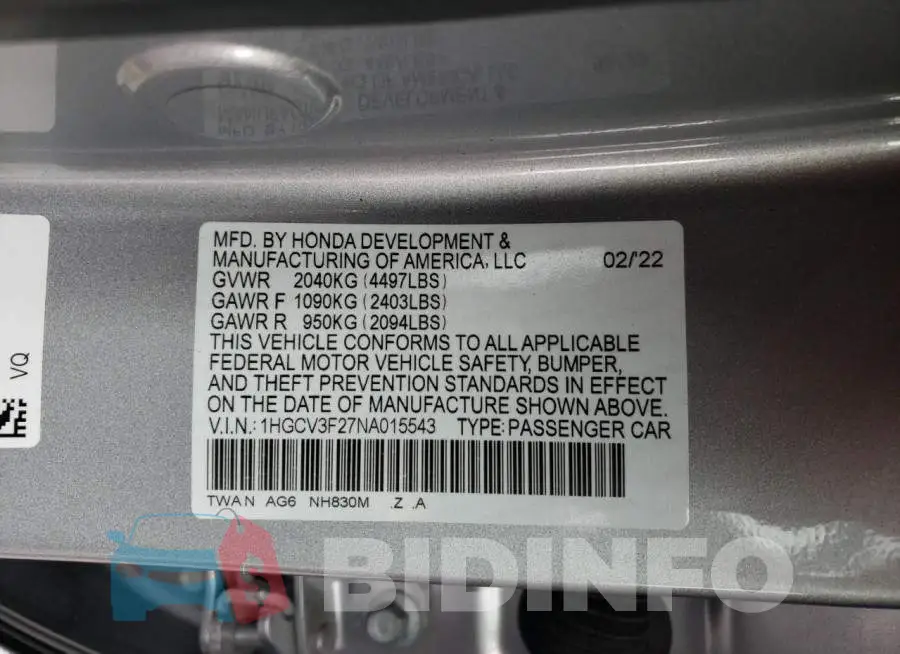 1HGCV3F27NA015543 Photo# 10