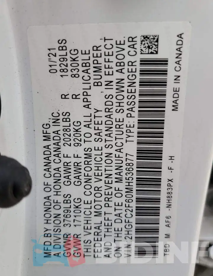 2HGFC2F60MH536877 Photo# 10