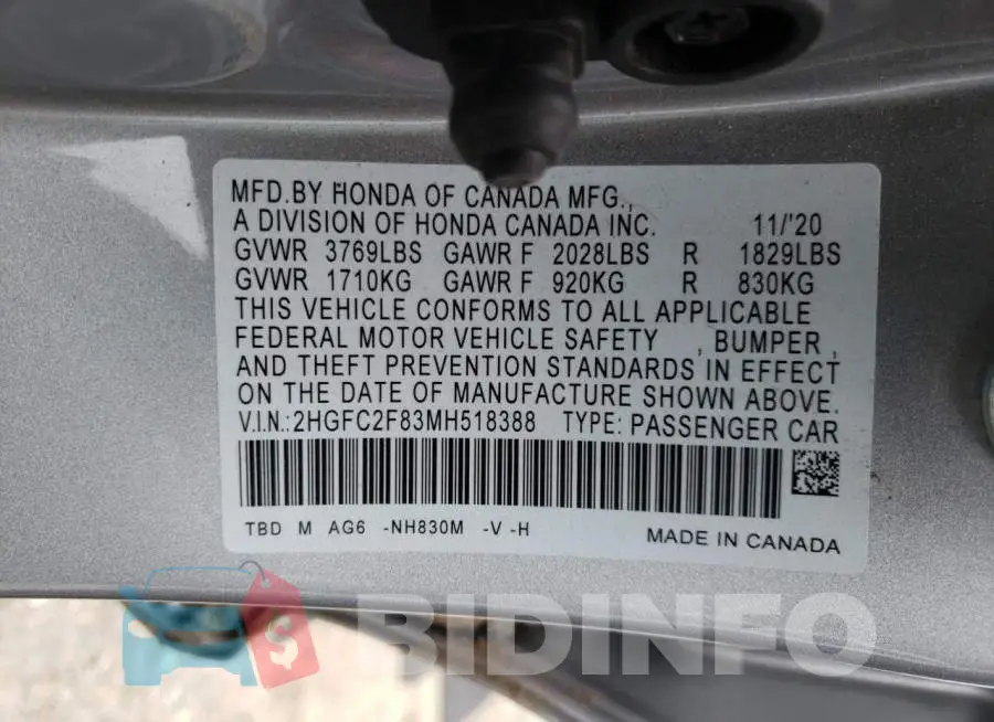 2HGFC2F83MH518388 Photo# 10