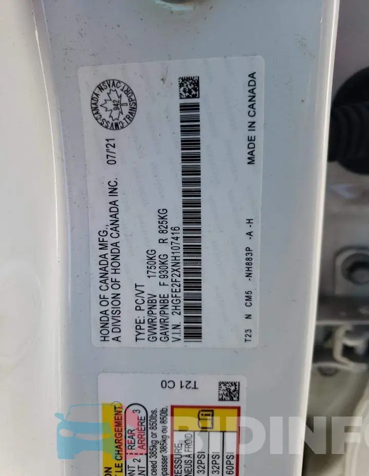 2HGFE2F2XNH107416 Photo# 10