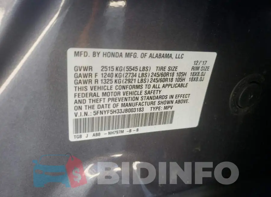 5FNYF5H33JB003183 Photo# 10