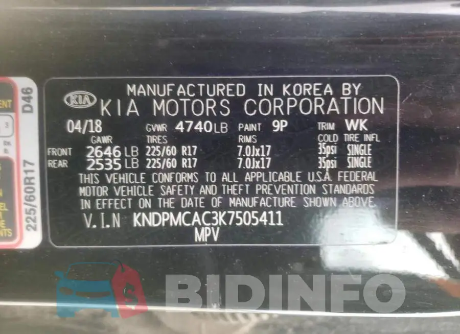 KNDPMCAC3K7505411 Photo# 10