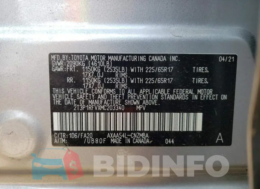 2T3P1RFVXMC203340 Photo# 10