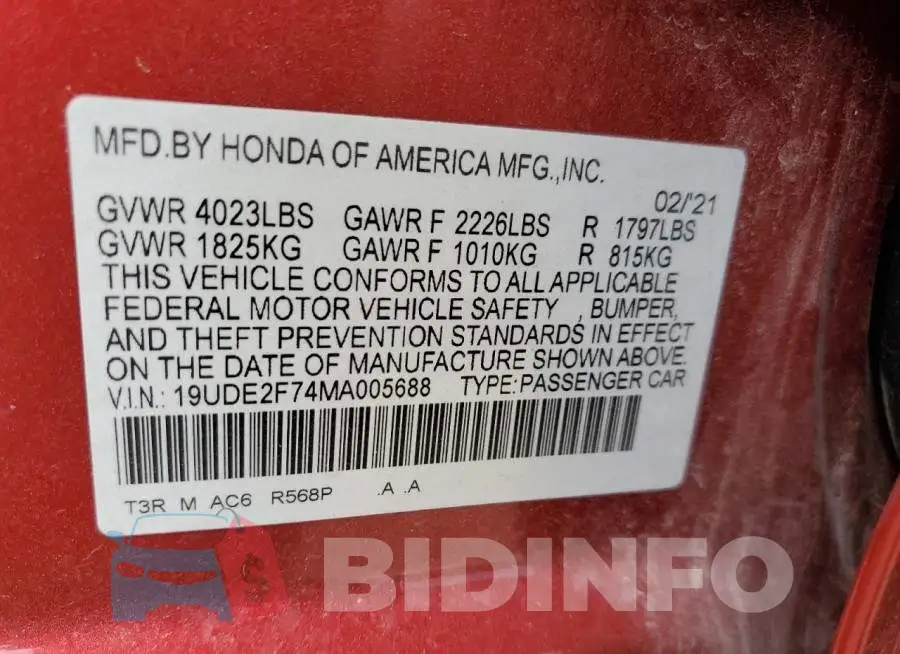 19UDE2F74MA005688 Photo# 10