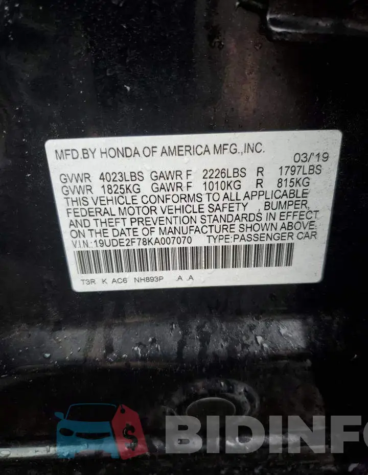 19UDE2F78KA007070 Photo# 10