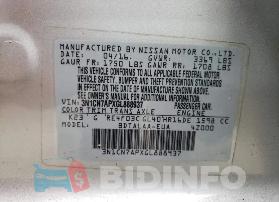 3N1CN7APXGL888937 Photo# 10