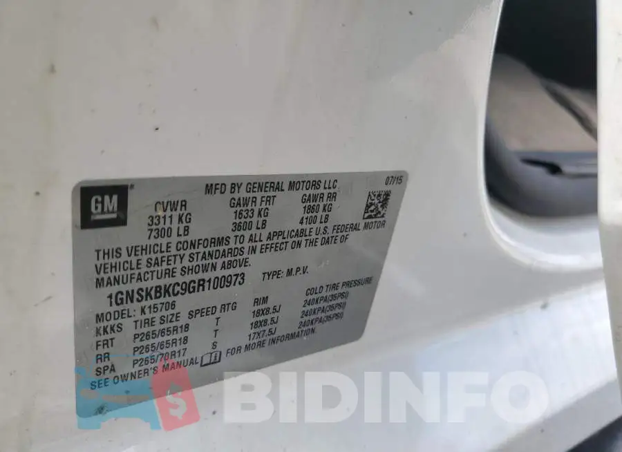 1GNSKBKC9GR100973 Photo# 10