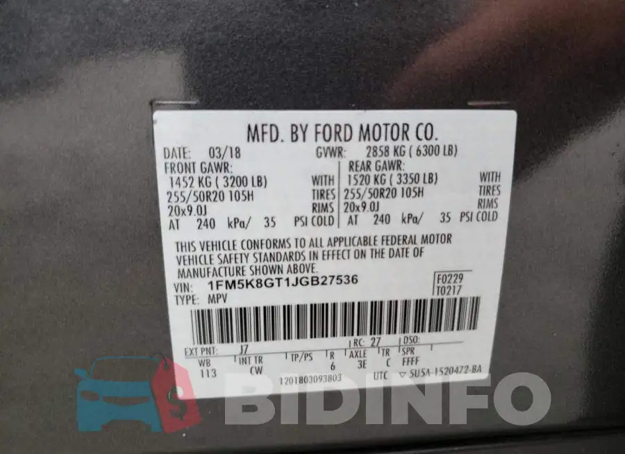 1FM5K8GT1JGB27536 Photo# 10