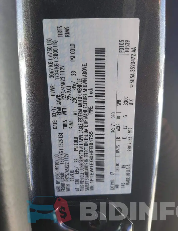1FTEW1EG0HFB81755 Photo# 10