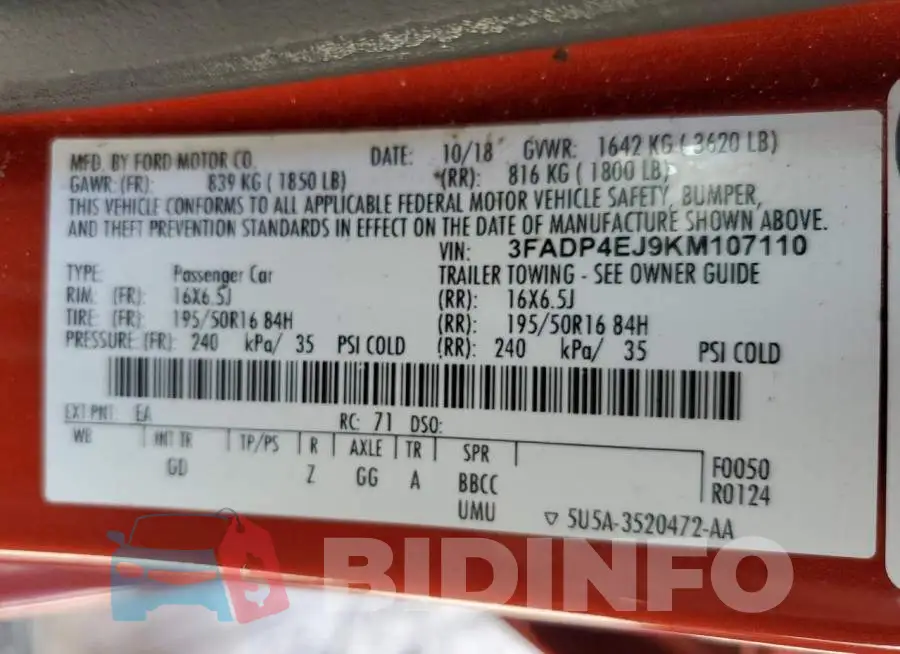 3FADP4EJ9KM107110 Photo# 10