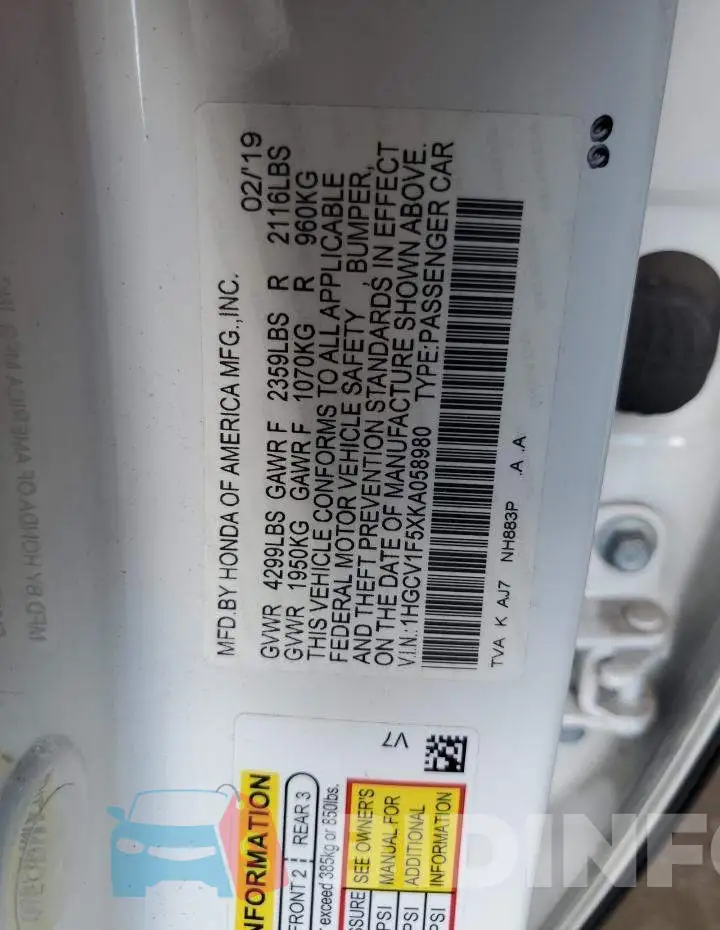 1HGCV1F5XKA058980 Photo# 10