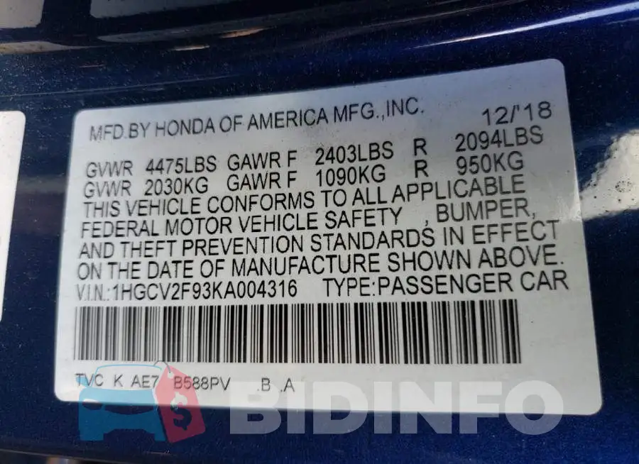 1HGCV2F93KA004316 Photo# 10