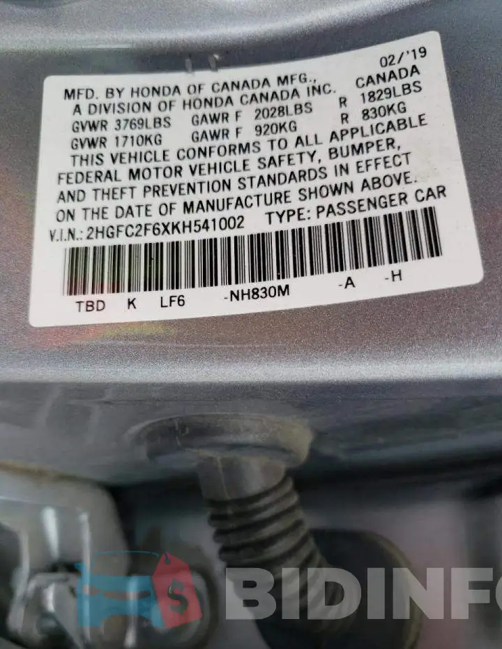 2HGFC2F6XKH541002 Photo# 10