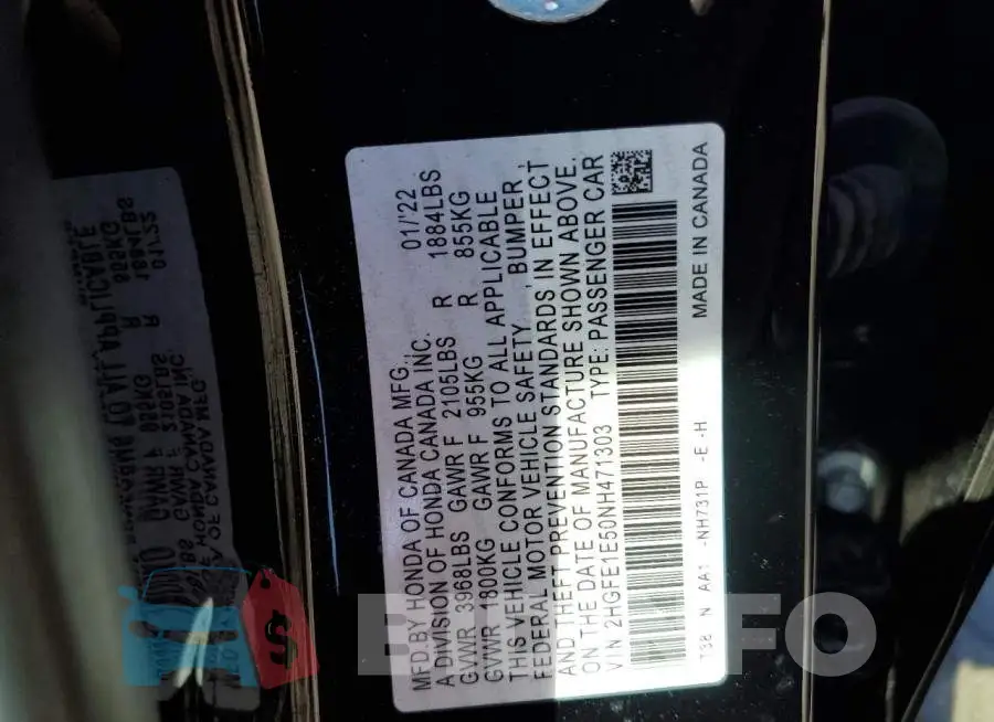 2HGFE1E50NH471303 Photo# 10