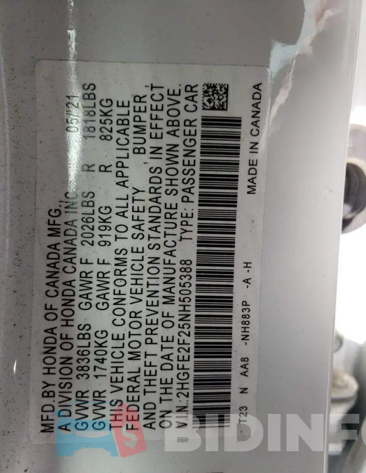 2HGFE2F25NH505388 Photo# 10