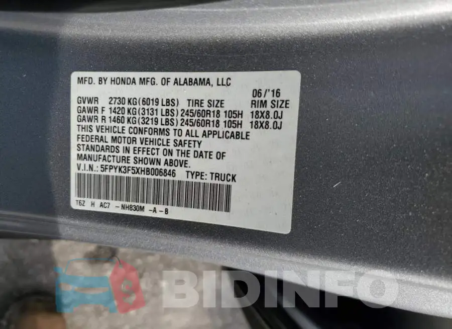 5FPYK3F5XHB006846 Photo# 10
