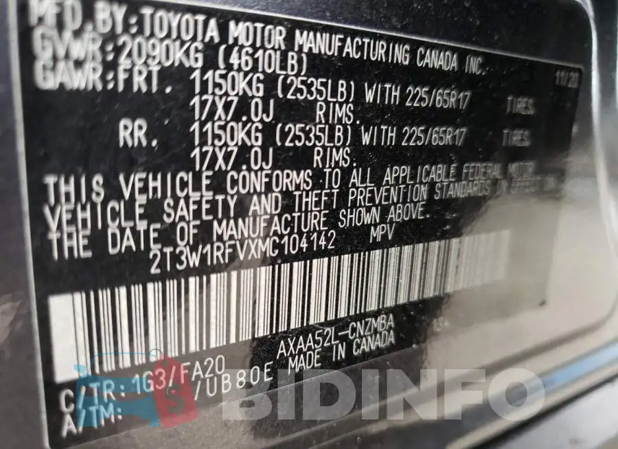 2T3W1RFVXMC104142 Photo# 10