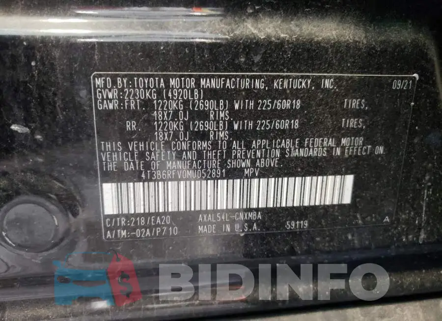 4T3B6RFV0MU052891 Photo# 10
