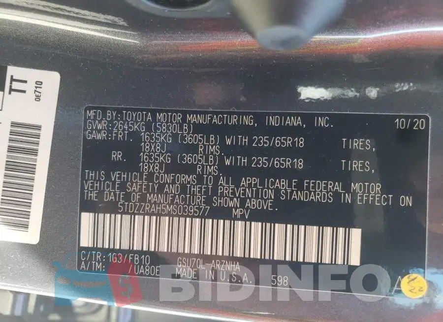 5TDZZRAH5MS039577 Photo# 10