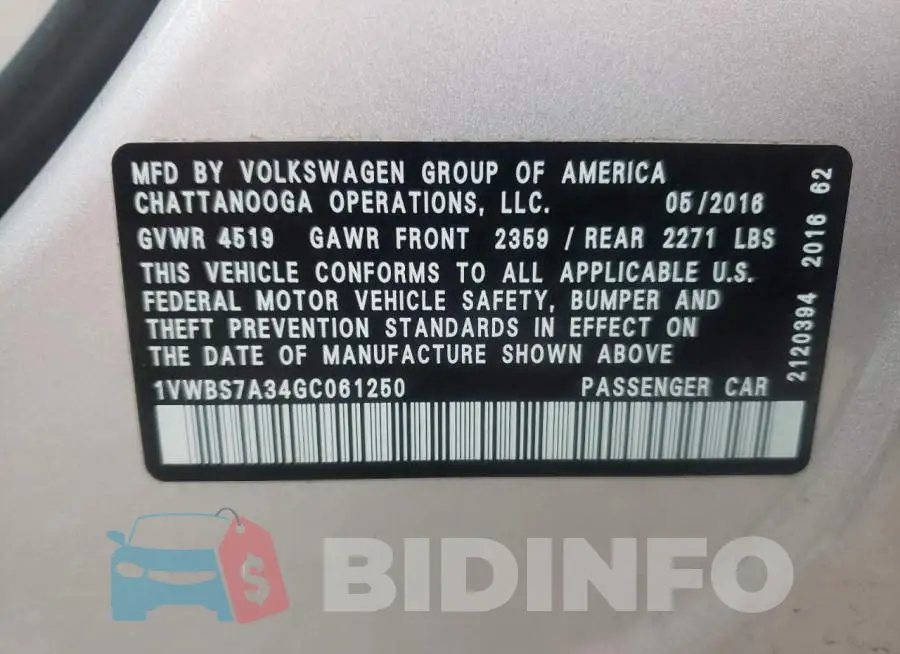 1VWBS7A34GC061250 Photo# 10