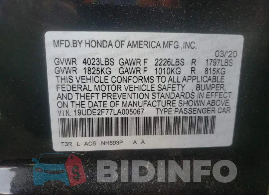 19UDE2F77LA005067 Photo# 10