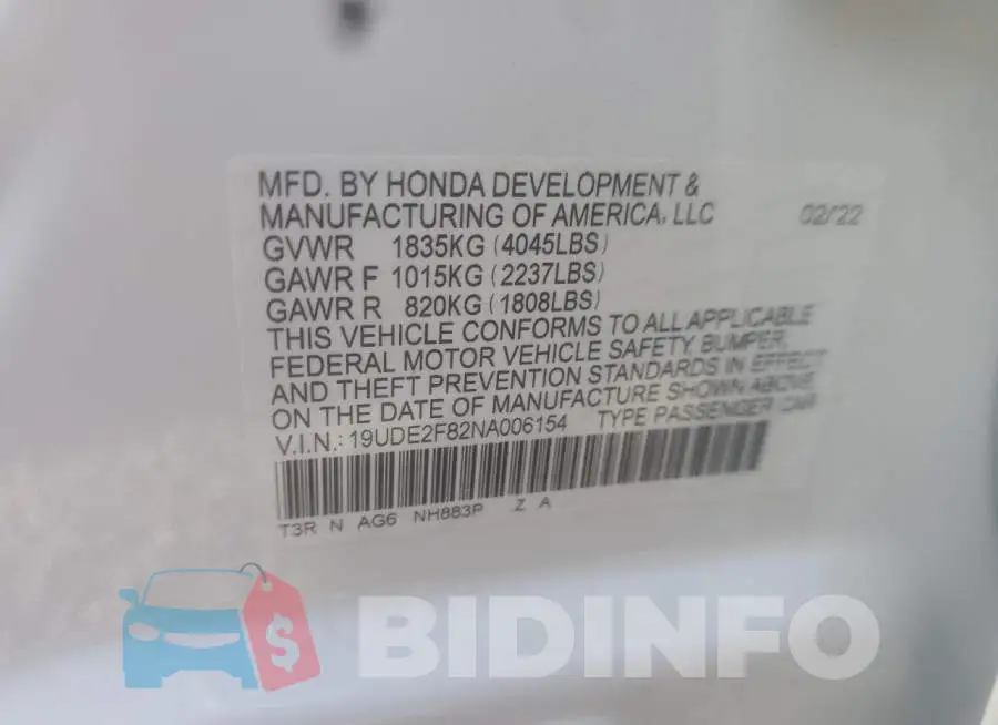 19UDE2F82NA006154 Photo# 10