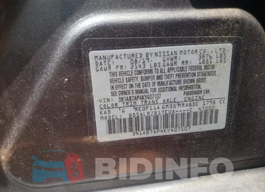 3N1AB7AP4KY407107 Photo# 10
